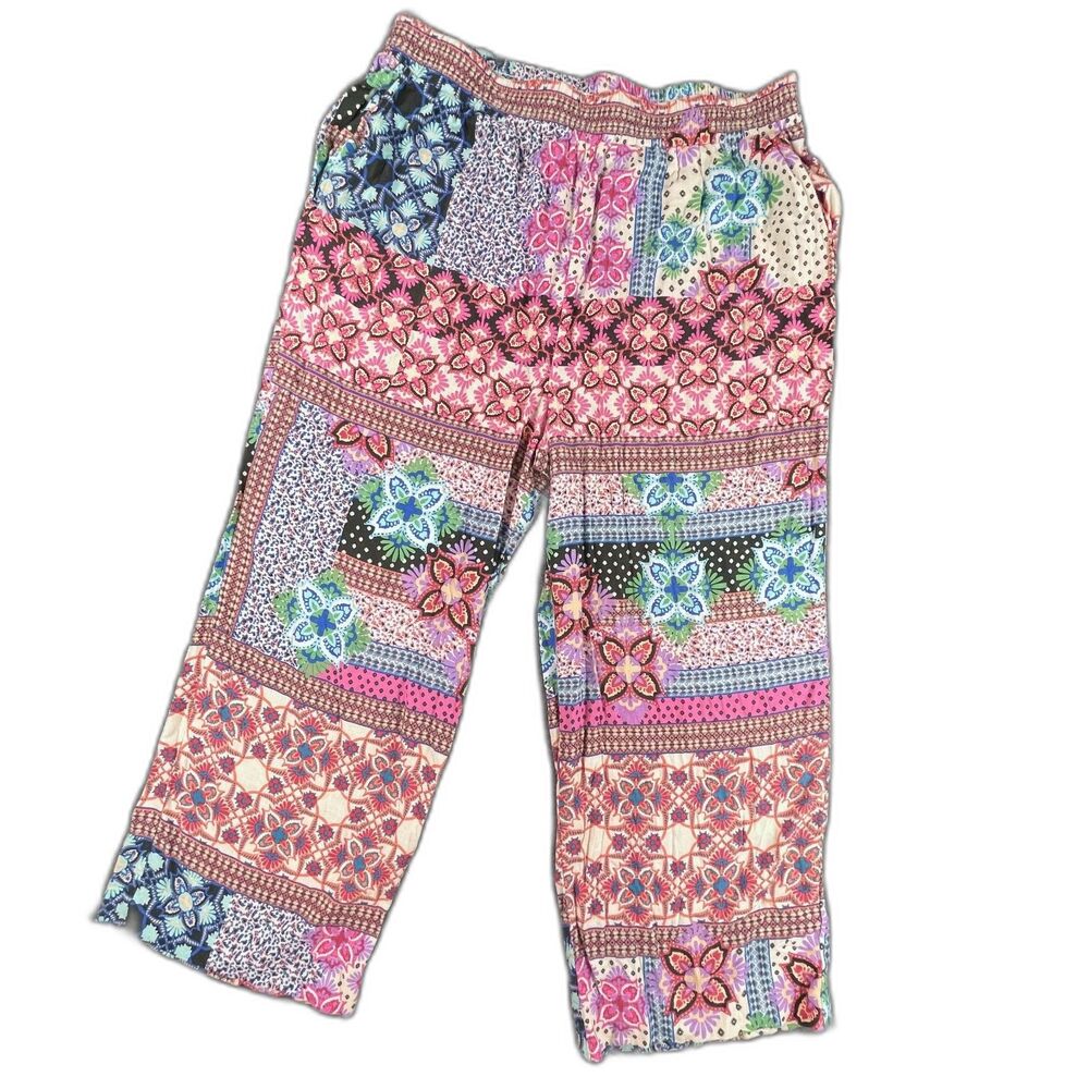 Sunny Leigh XL Patchwork Floral Linen Blend Crop Wide Leg Palazzo Pants Pink Art
